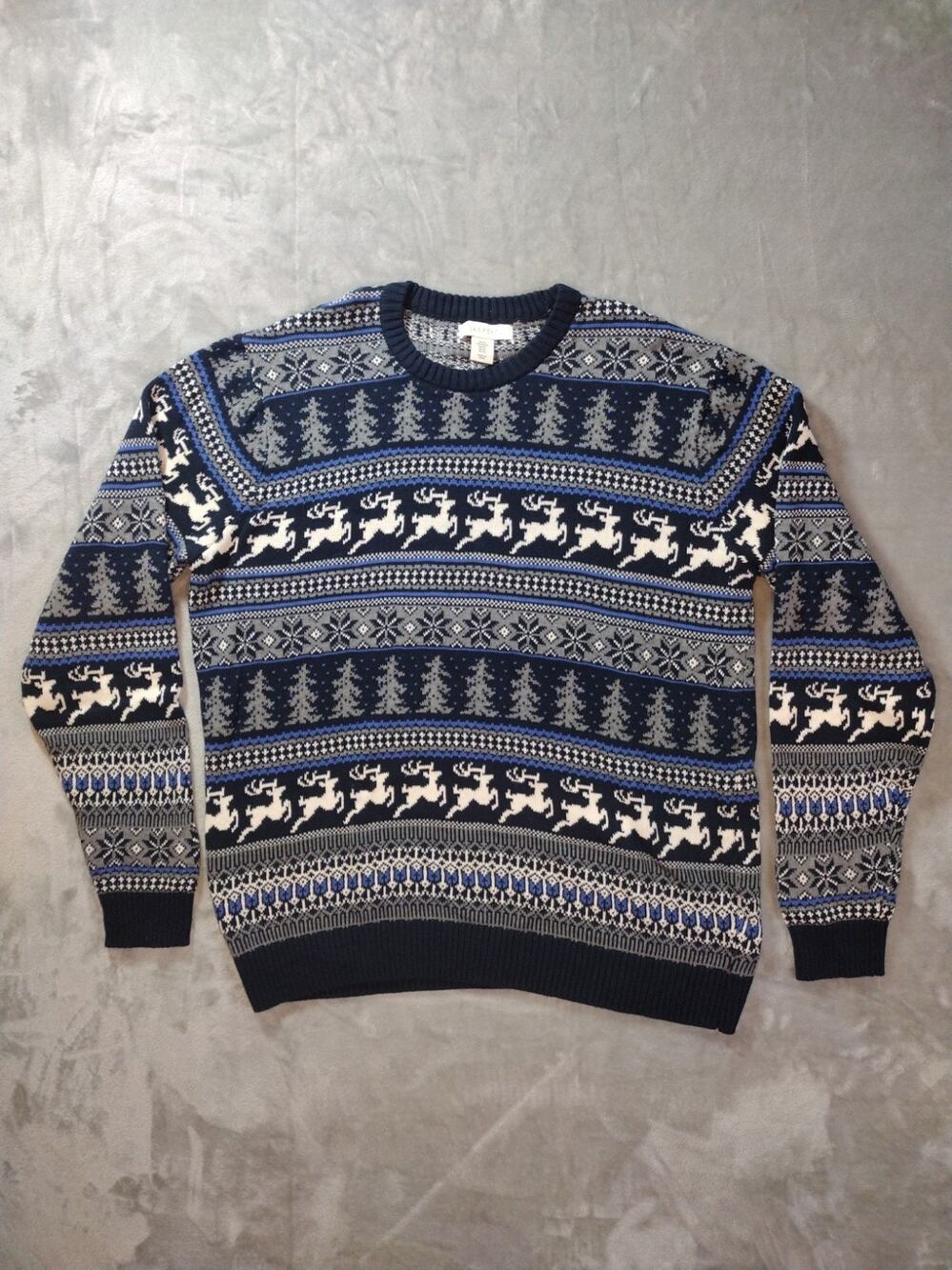 Aspen Sweater Mens Extra Large Blue Fair Isle Reindeer Christmas Holiday Cotton